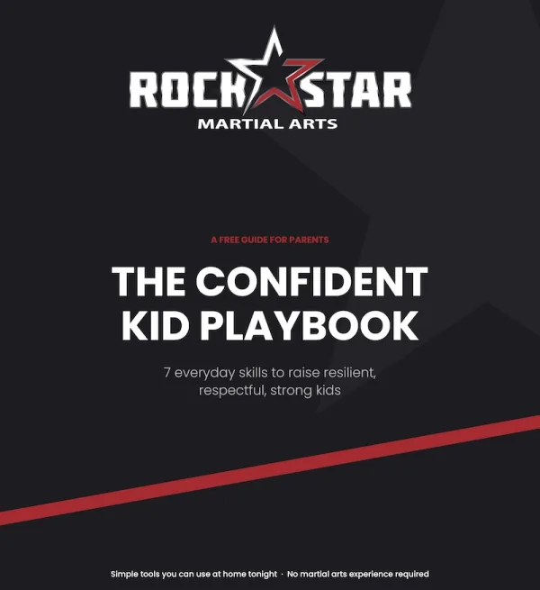 Cover of The Confident Kid Playbook, a free guide for parents from Rockstar Martial Arts